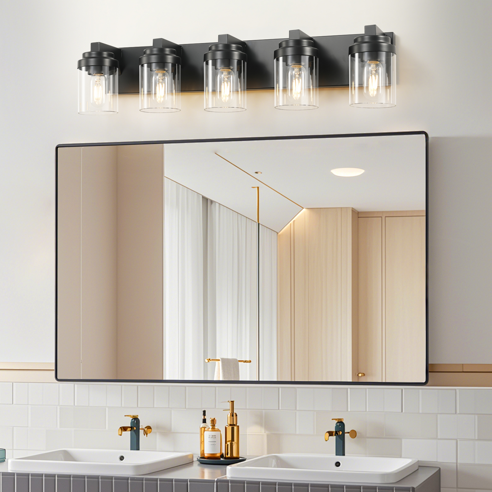 Leumius 5-Light Bathroom Light Fixtures Over Mirror Bathroom Vanity Light, Black Vanity Lights with Clear Glass Shade, Modern Bathroom Light Fixtures for Bedroom, Hallway(No Bulbs)