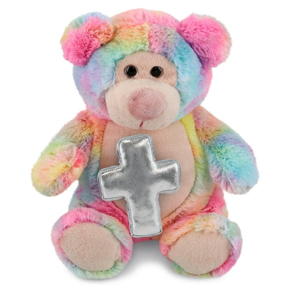 DolliBu Rainbow Bear Stuffed Animal with Silver Cross Plush - Religious Baptism Gifts for Boys and Girls, Dedication Christening Gifts Plush Prayer Toy Healing Stuffed Animal - 9 Inches