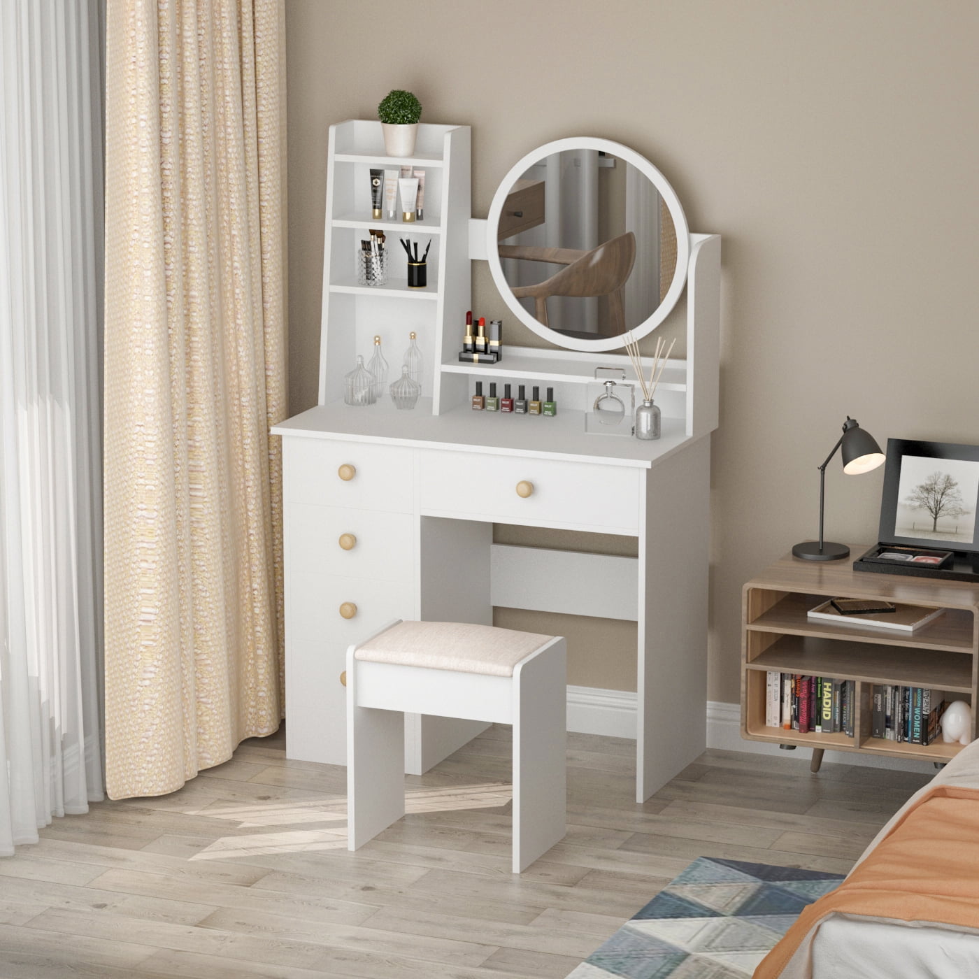 Shabby Chic White Dressing Table with 3 Oval Mirror and Stool Bedroom Vanity Dresser Sets,7 Storage Drawers Make Up Desk White 