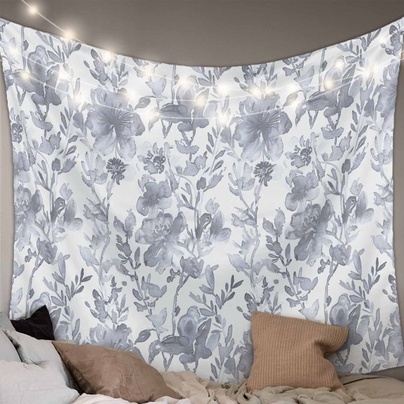 Watercolor Grey Floral Tapestry for Bedroom Wall Hanging Tapestry, Gray Ombre Botanical Summer Ceiling Backdrop Tapestries Poster Blanket Wall Decor for Teens Room Living Room Dorm 59" x 79"