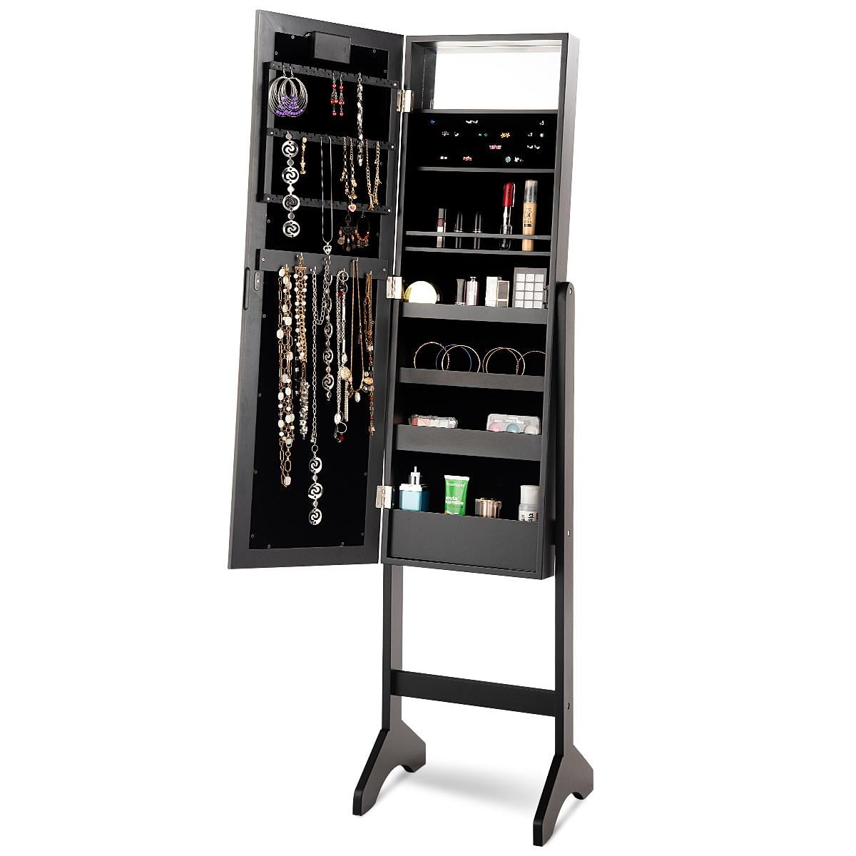Giantex Jewelry Cabinet Box Armoire Organizer with 18 LED, Standing for Home Bedroom 16 Lipstick Holder 1 Inside Makeup Mirror Full Lights, Large Storage Mirrored Cabinets Jewelry Armoires (Black)