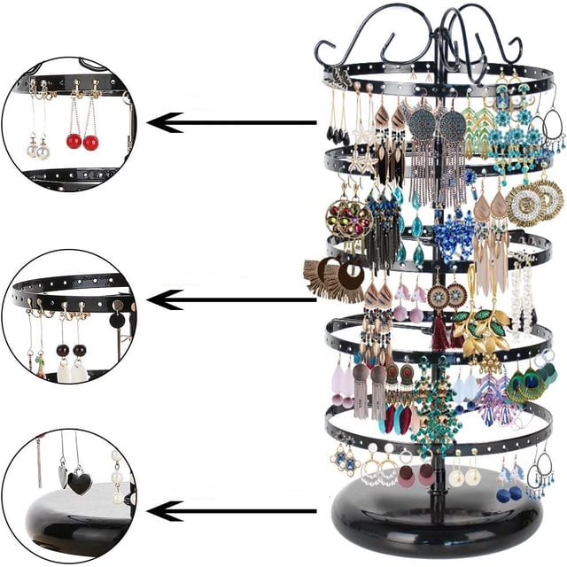 Organizador giratorio de metal para pendientes de 5 niveles, exquisito soporte para exhibición de joyas, soporte para collar, agujeros para pendientes de 40 x 15 cm (negro)