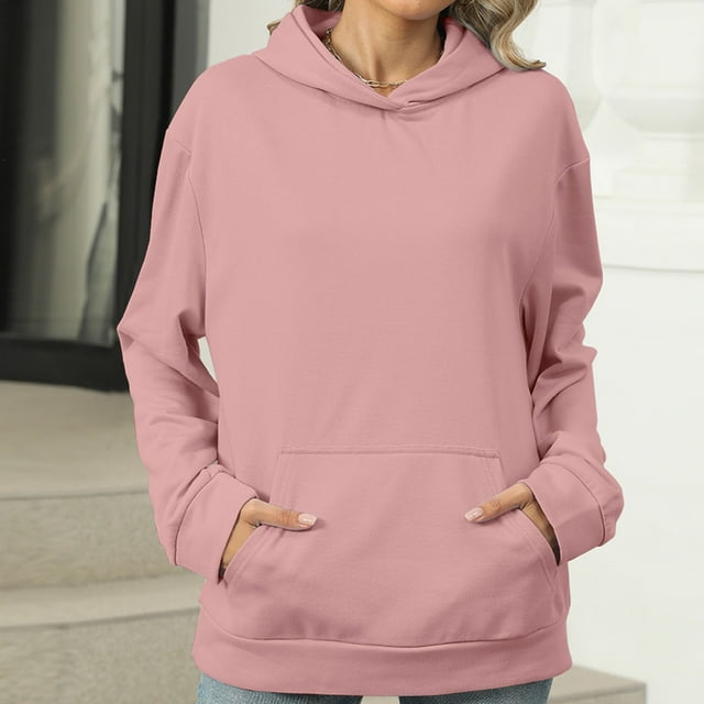Sentmoon Essentials Hoodies for Women Solid Color with Pockets Womens Sweatshirt,Oversized Workout Crew Neck Womens Sweaters Tops for Women Deals of the Day Clearance Pink L
