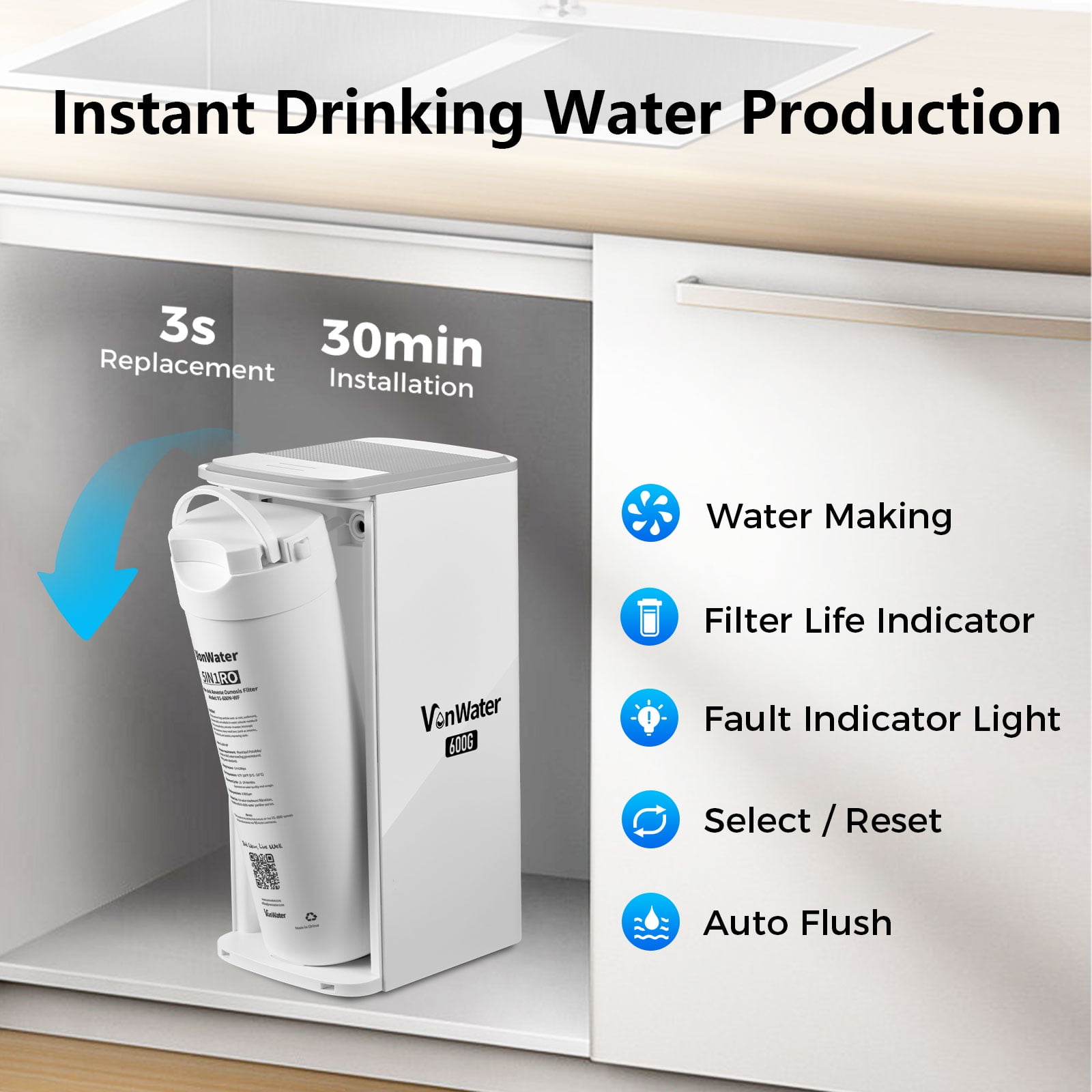 VonWater 600GPD Tankless Under Sink Reverse Osmosis Water Filter System,  5 Stage RO Filtration System, 2:1 Pure to Drain, RO Water Filtration System, Reduce TDS, NSF/ANSI 372 Listed