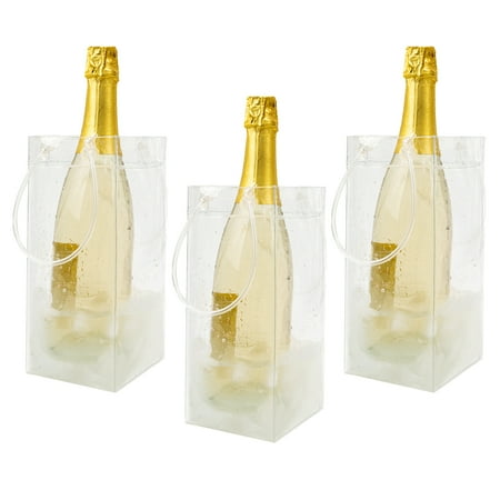 Muka 3 Pcs PVC Wine Bag with Handle, Collapsible Wine Cooler Ice Bag for Party, Champagne, Wine-Clear