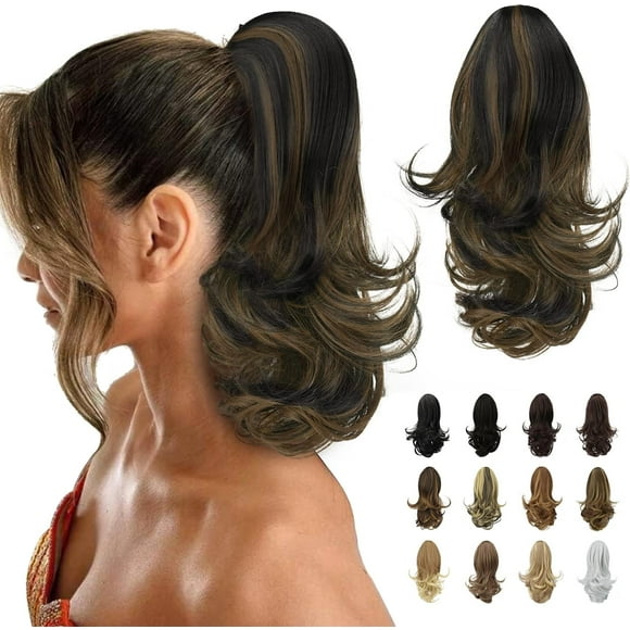 shiyou-13" Ponytail Extension Long Curly Ponytail Clip in Claw Hair Extension Natural Looking Synthetic Hairpiece for Women, Dark Brown Highlighted Cameral Blonde