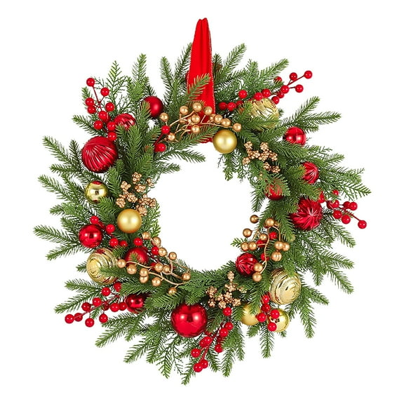 Noothes 20 Inch Christmas Wreath with Lights, Pre-Lit Winter Door Wreath with Ornaments and Berries for Indoor Outdoor Decor