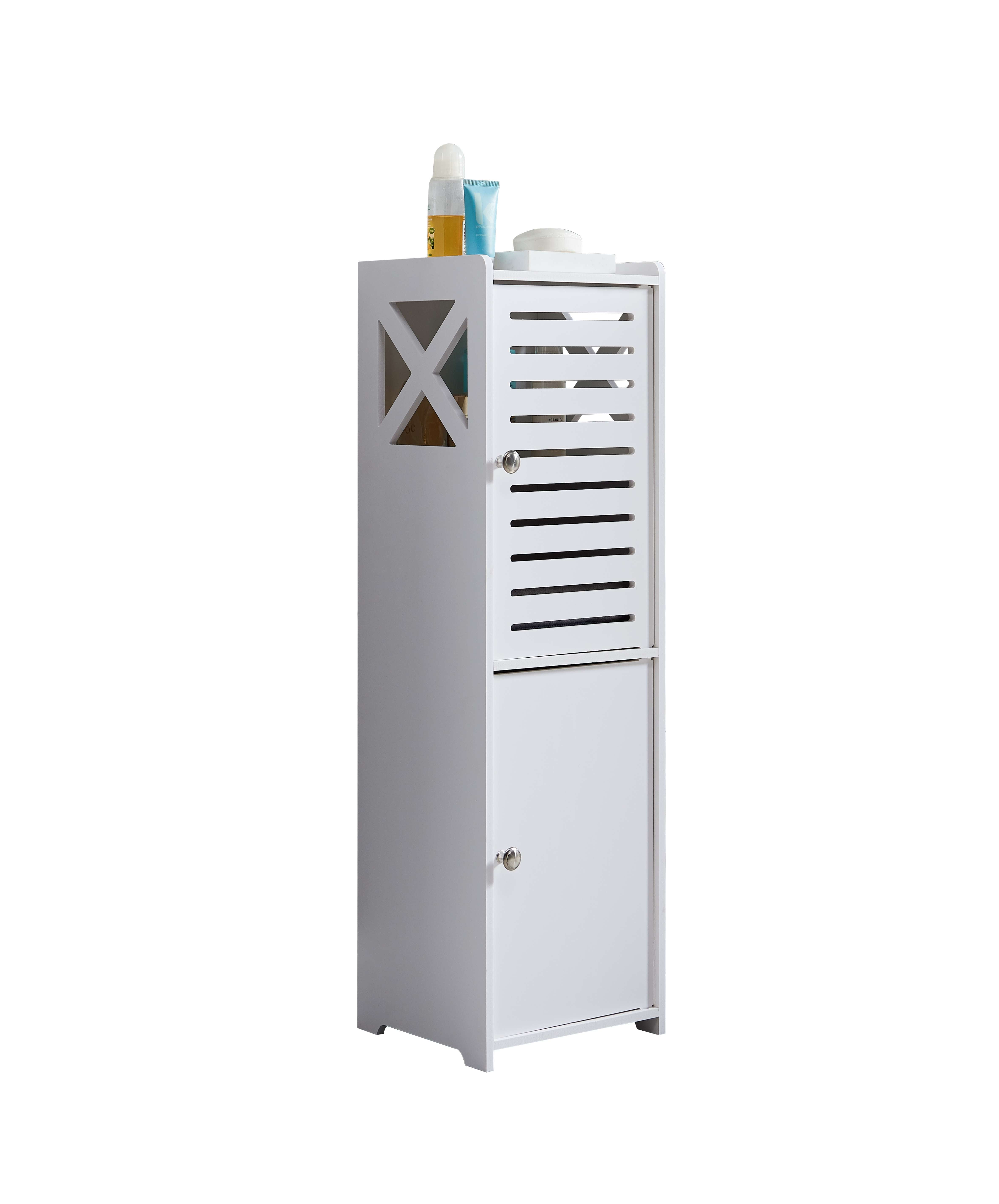 Kings Brand Furniture Basic Bathroom Storage Cabinet – White Plastic & Wood, 2 Cabinets with Shelves Behind Doors