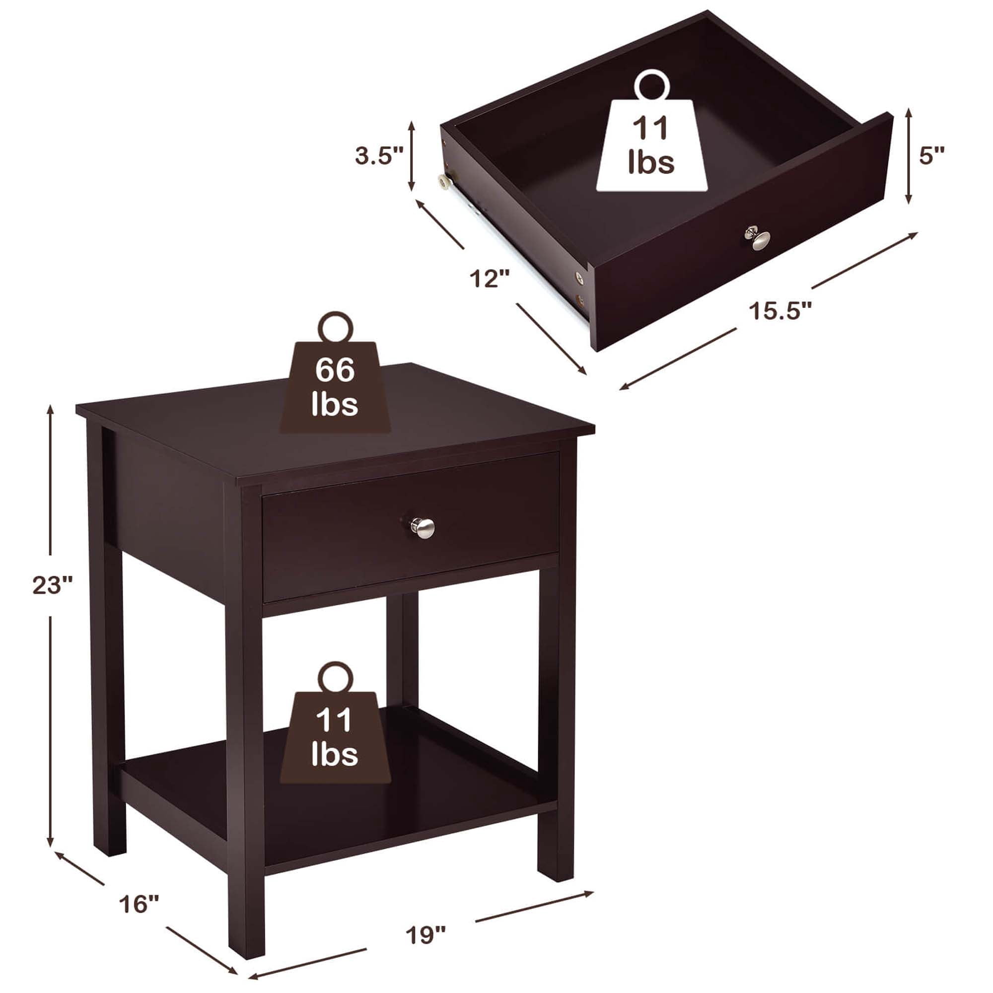 Costway Nightstand with Drawer Storage Shelf Wooden Bedside Sofa Side Table Brown