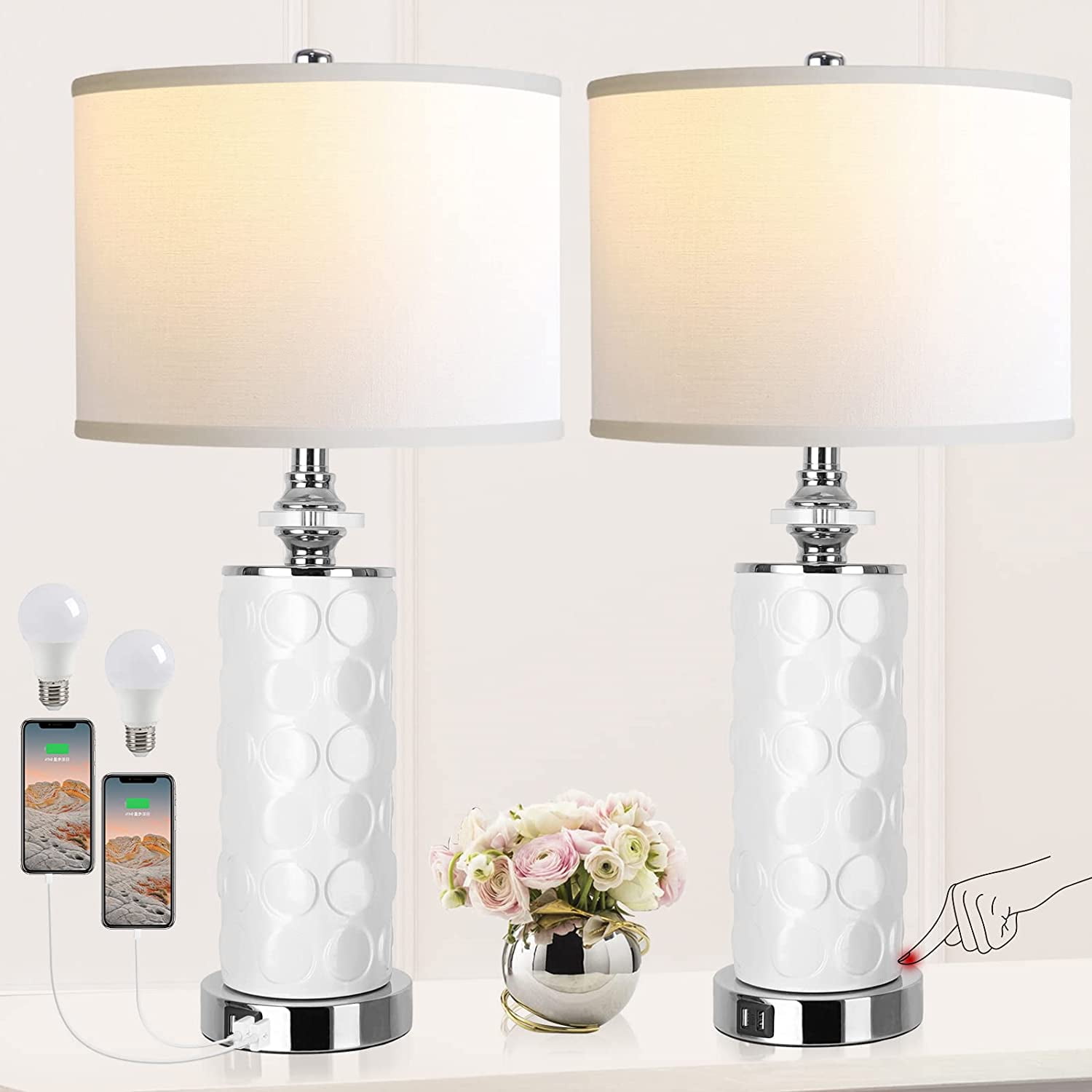 MWM Modern Ceramic Table Lamps for Living Room Set of 2, 3Way Dimmable
