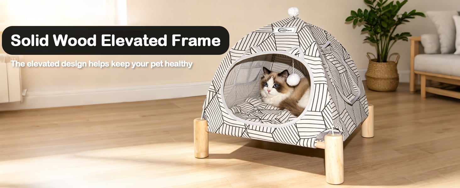 Nockovi 2-in-1 Wooden Pet Tent and Hammock, Quick Assembly Portable for Cats Small Pets Indoor Outdoor, White Diamond Pattern