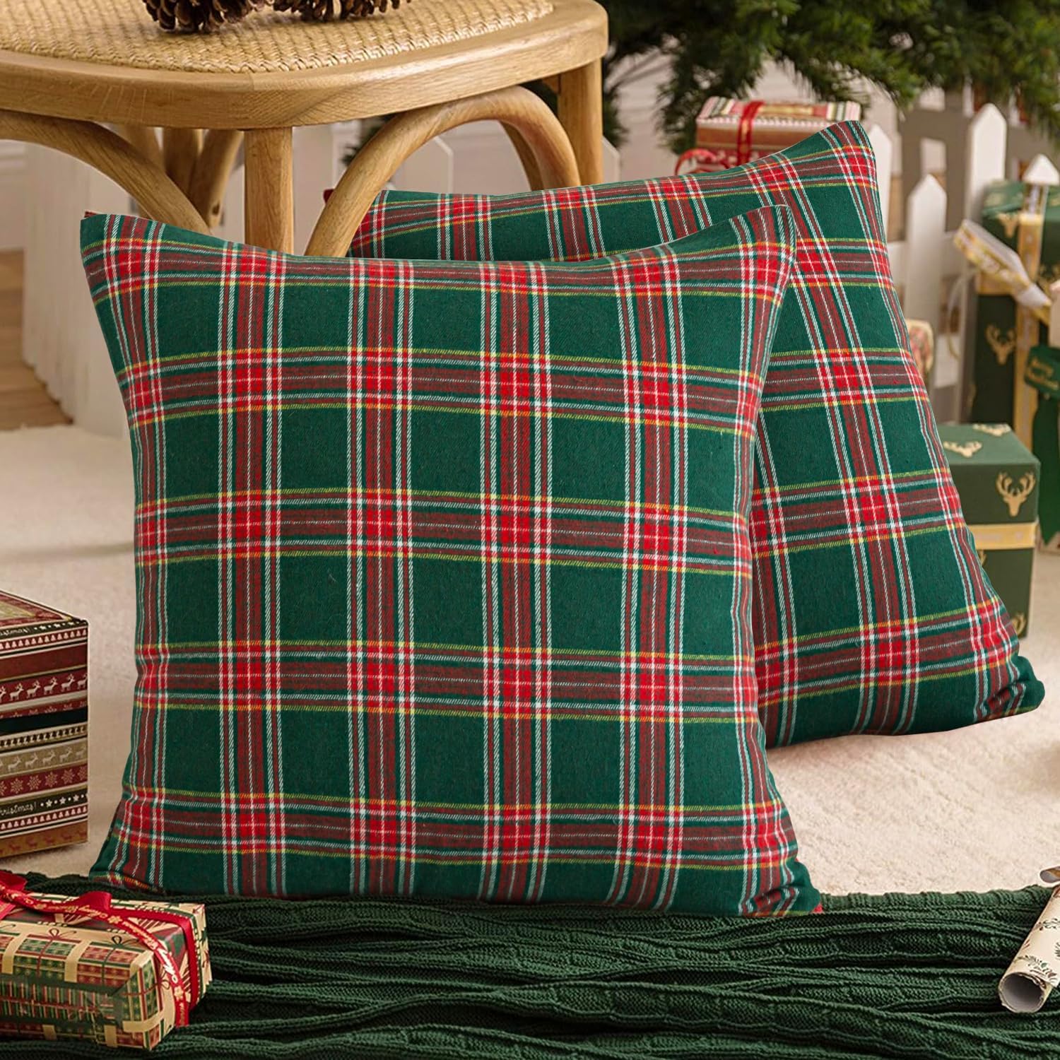 Christmas Pillow Cover 18x18 Set of 4 - Green Tartan Checkered Throw Pillow Cover, Farmhouse Buffalo Plaid Xmas Decorative Cushion Case for Couch Sofa, Christmas Holiday Decor