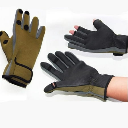 Elastic Diving Fabric Non-slip Windproof Waterproof Breathable Warm Professional Ice Fishing 2 Finger Appearing Gloves ArmyGreen