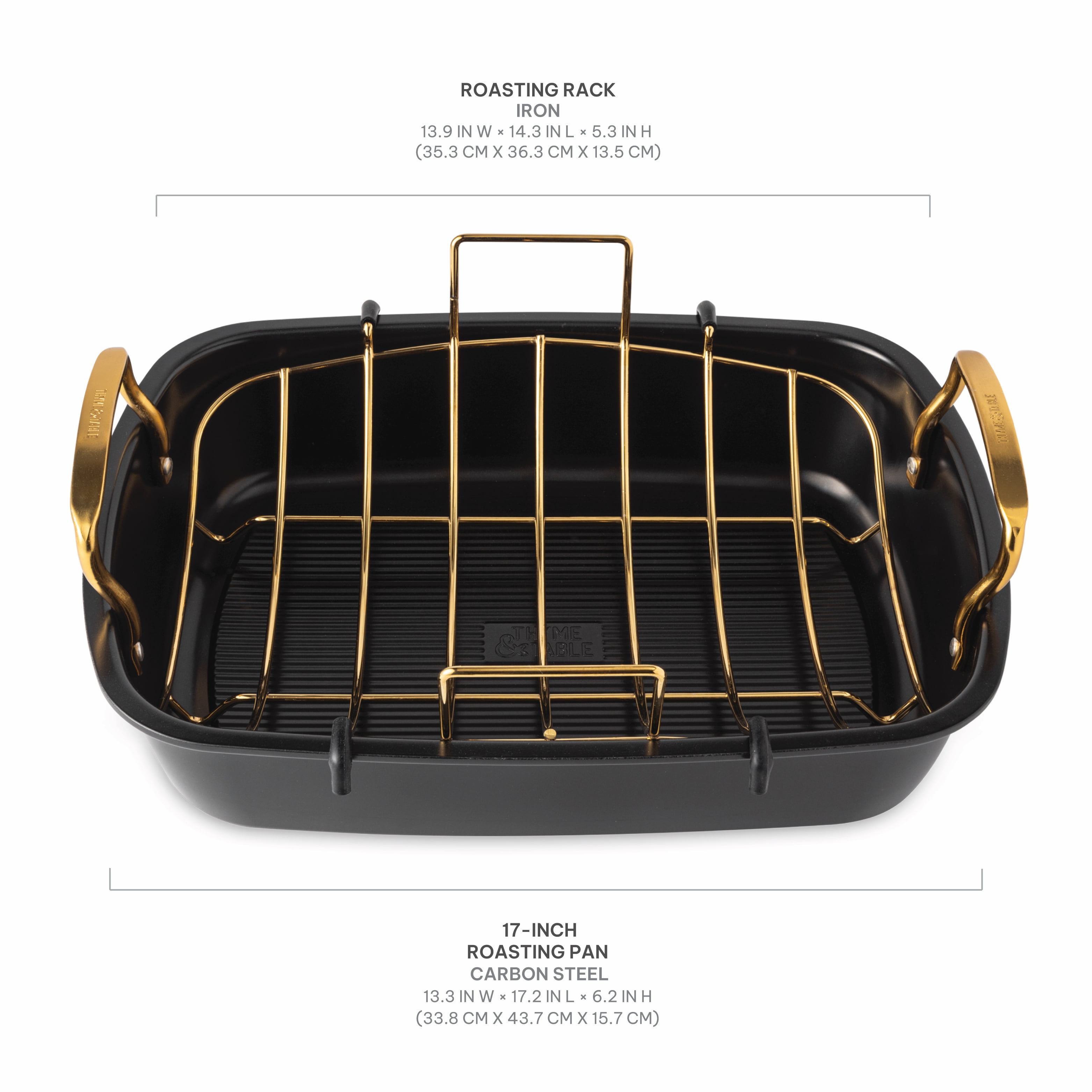 Thyme & Table 17-inch Carbon Steel Non-Stick Roasting Pan with Rack - Black and Gold