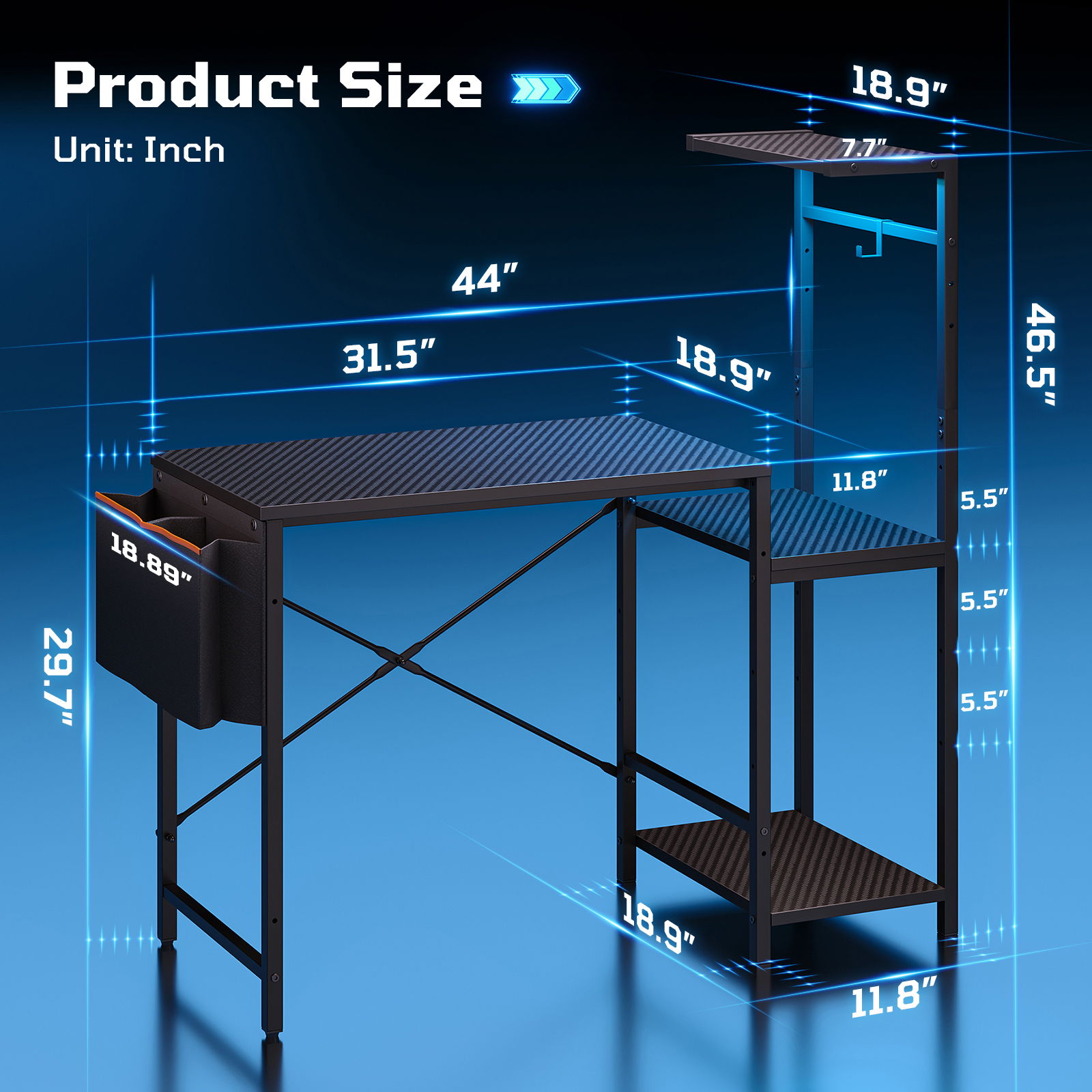 Bestier 44" Gaming Desk with LED Lights and Reversible Shelves photo 5