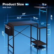 Bestier Gaming Desk with LED Lights, 44 Computer Desk with Reversible Shelves, PC Gamer Desk with Side Storage Bag, Hooks and Height Adjustable Shelf for Home Office, Carbon Fiber Black