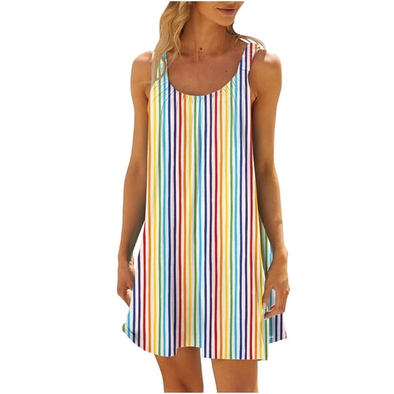 Wlylongift 2024 Summer New Womens Fashion Stripe Bohemia Midi Dress Casual Printed Round-Neck Sleeveless Loose Knee-Length Slip Dress Easter St.Parik's Day