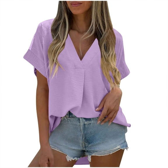 ClodeEU Women's Summer V Neck Short Sleeve T-Shirt ,Solid Color Loose Fit Casual Top Purple,Womens Plus XXL
