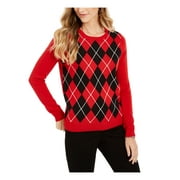 CHARTER CLUB Womens Red Plaid Long Sleeve Jewel Neck Sweater Petites Size: PS