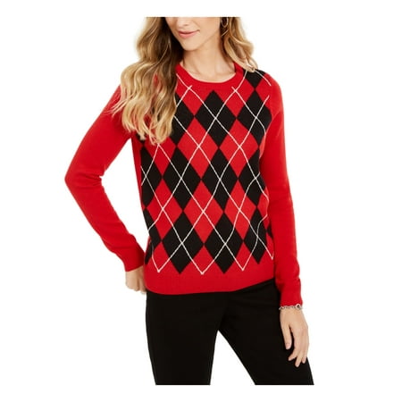 CHARTER CLUB Womens Red Plaid Long Sleeve Jewel Neck Sweater Petites Size: PS