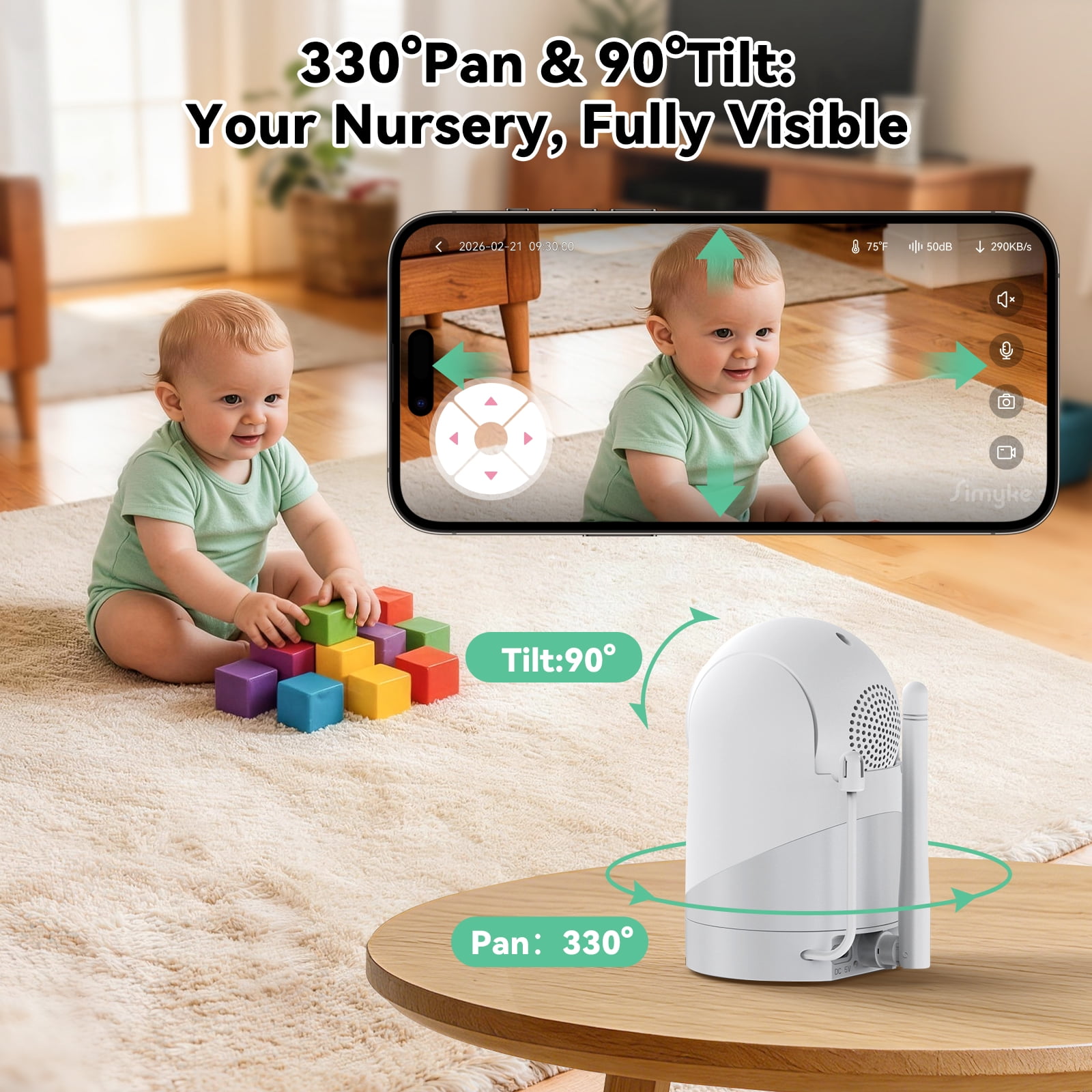 Simyke 2Camera Video Baby Monitor with Audio,5'' IPS Screen,720P HD,App,Remote Pan/Tilt/Zoom,5Lullabies,Feeding Remind,HD Night Vision, VOX,2-Way Talk,1500ft Long Range,Temperature Sensor