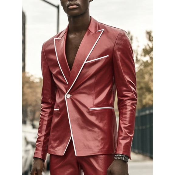 Men's Luxury Red Faux Leather Blazer White Contrast Piping Slim Fit Formal Streetwear Suit Jacket