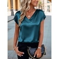 thumbnail image 5 of Women Silk Satin Tops Cap Short Sleeve Blouse V Neck Shirts Business Casual Outfits Blue XL, 5 of 7