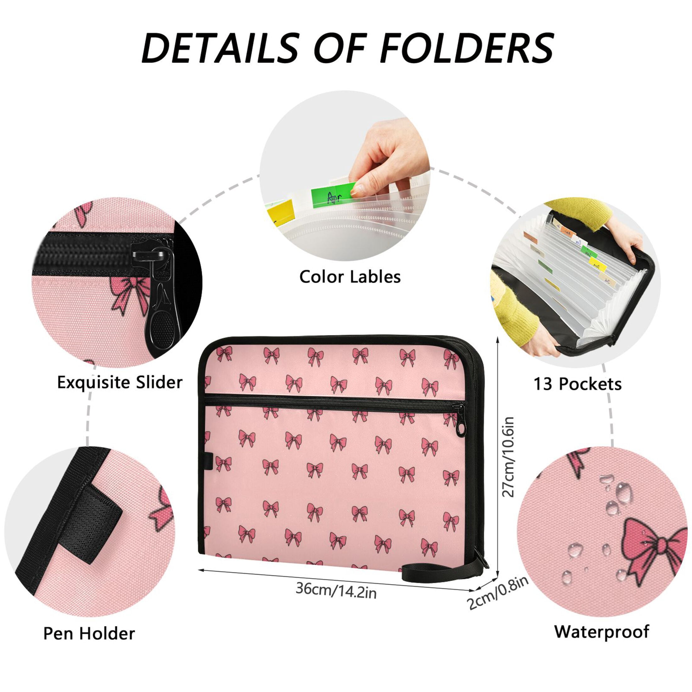 WOBOGO Pink Bow Expanding File Folder Letter Size Accordion Filing Organizer 13 Pocket Separate Organ Pocket