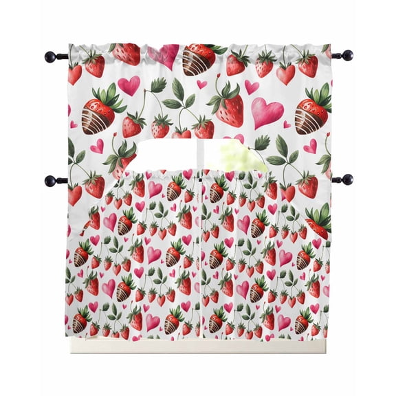 Red Strawberry Swag Kitchen Curtains Sets for Windows 24 Inch Length, Flowers Pink Love Valentine's Day Short Window Curtain Panels Swags Valances and Tiers 3 Piece Set for Cafe/Dining Room