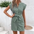 thumbnail image 3 of Morttic Women's Striped Romper with Flutter Sleeves – V-Neck Button Front Belted Waist with Pockets Casual Summer Daily Green，L, 3 of 6