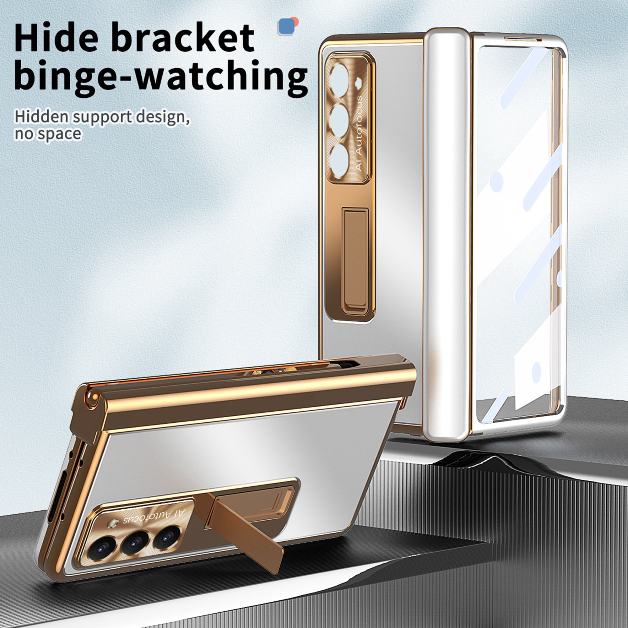 Nalacover for Samsung Galaxy Z Fold 6 Aluminum Metal Folding Case, S Pen Holder Hinge Protection Screen Film Cover with Hidden Bracket Plating Case for Samsung Galaxy Z Fold 6,Silver + Dark Gold