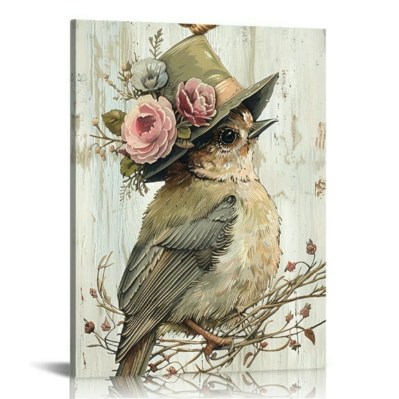 Vintage Rustic Green Bird Print Wall Art, Lovely Bird Picture Posters Wrapped Canvas Wall Decor Artwork Painting for Farmhouse Bedroom, Living Room,Bathroom, Office Classic Home Decor  Gift