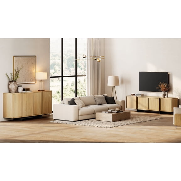 WAMPAT Modern TV Stand and Sideboard Buffet Cabinets Set of 2, Entertainment Center with 4 Door Closed Storage and Wood Legs, Multifunctional Cabinet Storage Cabinet for Living Room, Light Oak