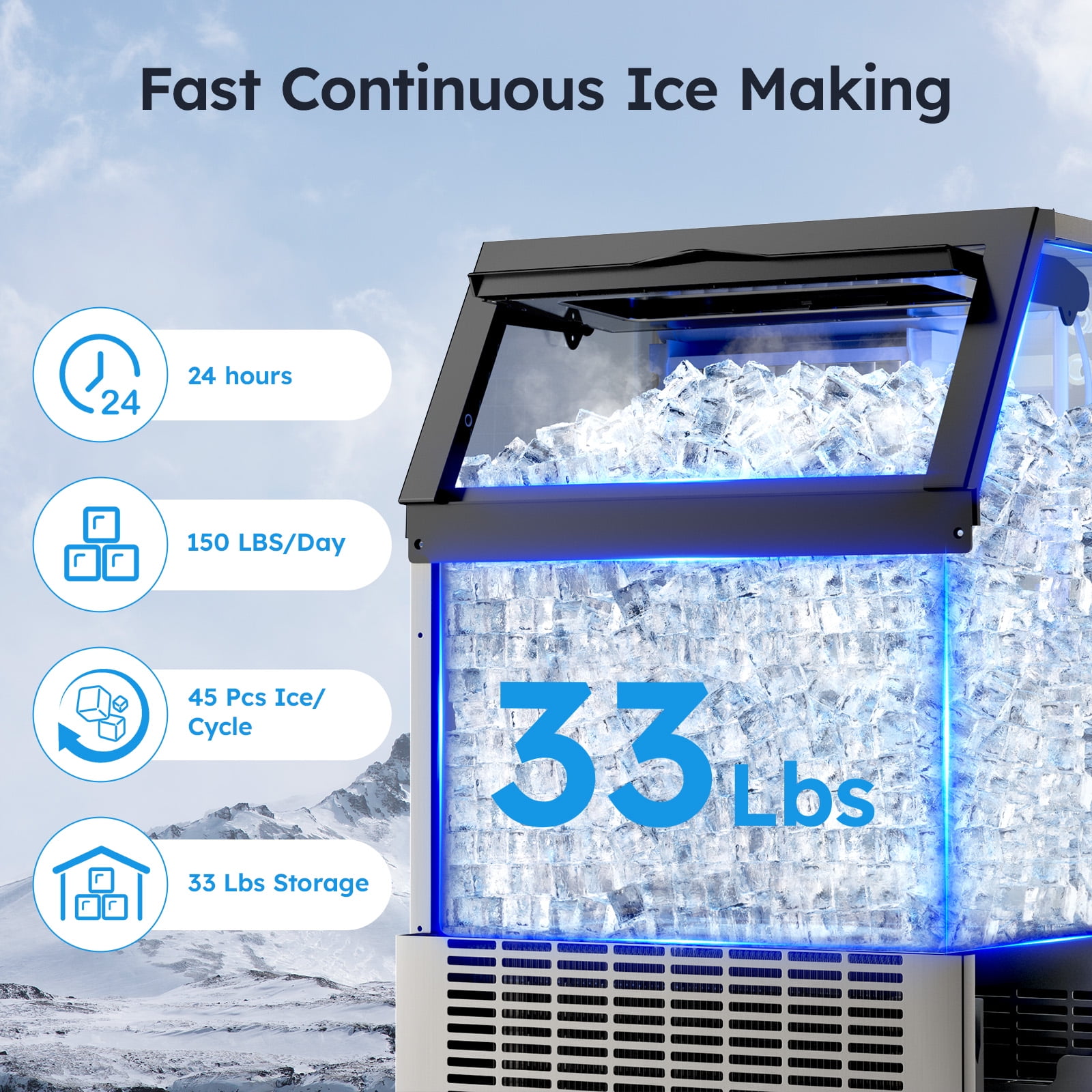 Commercial Ice Maker 150 lbs./24 H Freestanding Stainless Steel Ice Maker Full Size Cubes with 33 lbs. Storage