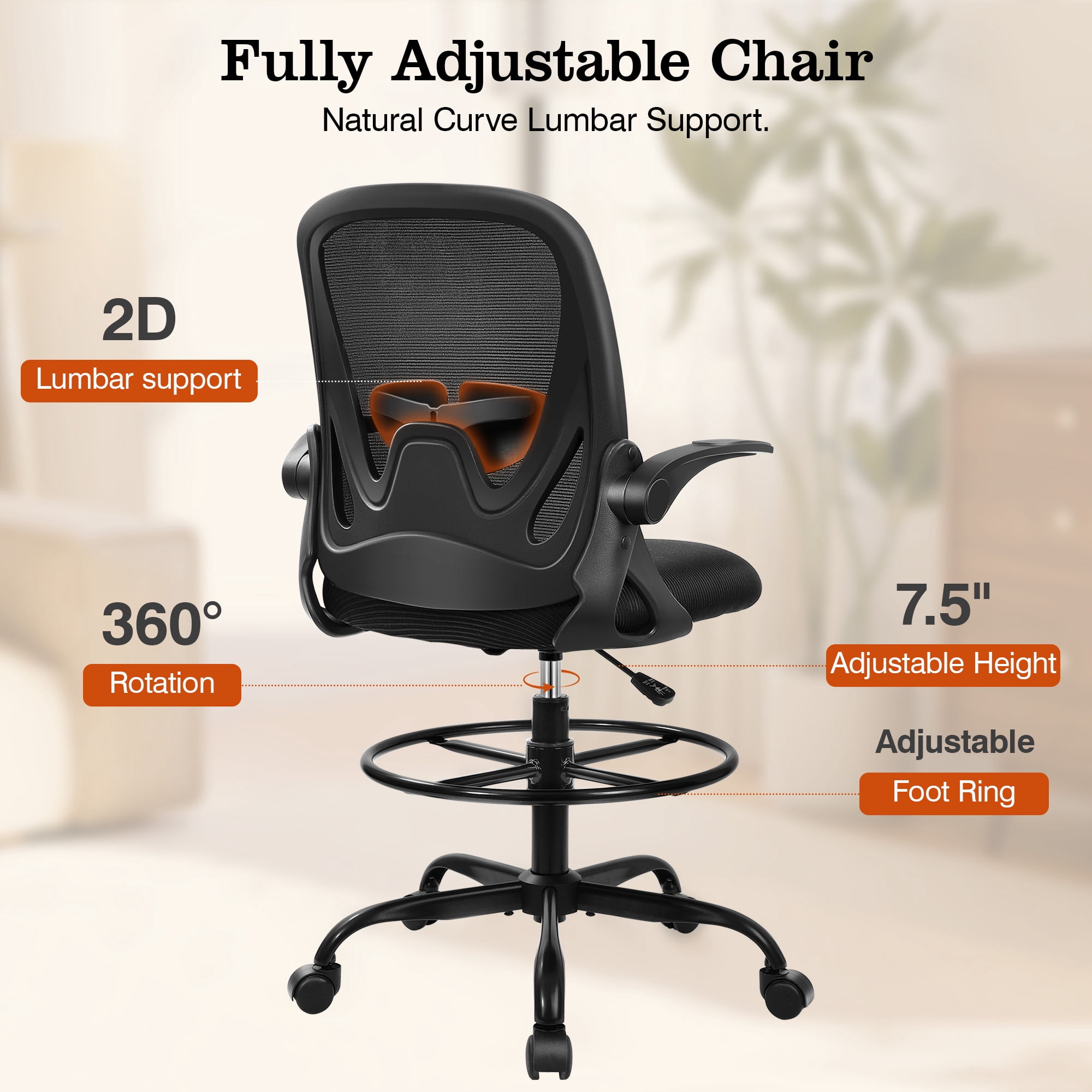 COOLHUT Tall Office Chair 400lbs with Footrest Ring, Standing Desk Chair with Flip-up Armrests, Adjustable Swivel Rolling Mesh Standing Desk Stool with Lumbar Support for Adults, Black