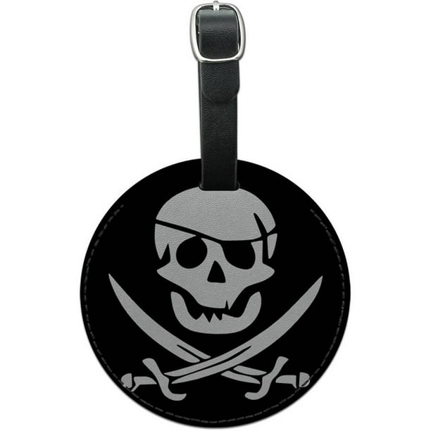 Pirate Skull Crossed Swords Jolly Roger Round Leather Luggage ID Tag