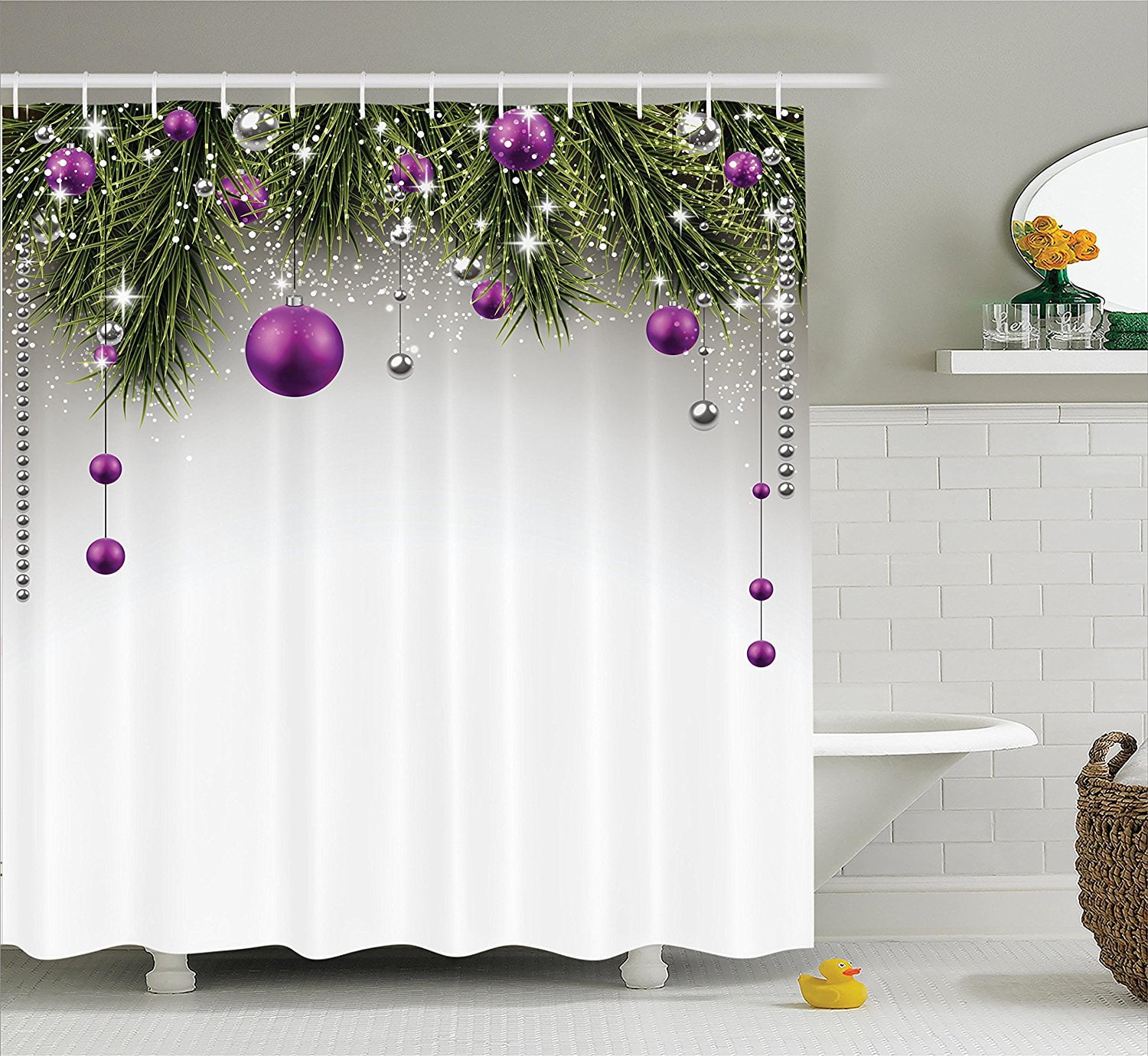 Golden Christmas balls and tinsel Shower Curtain Bathroom Fabric & 12hooks new 