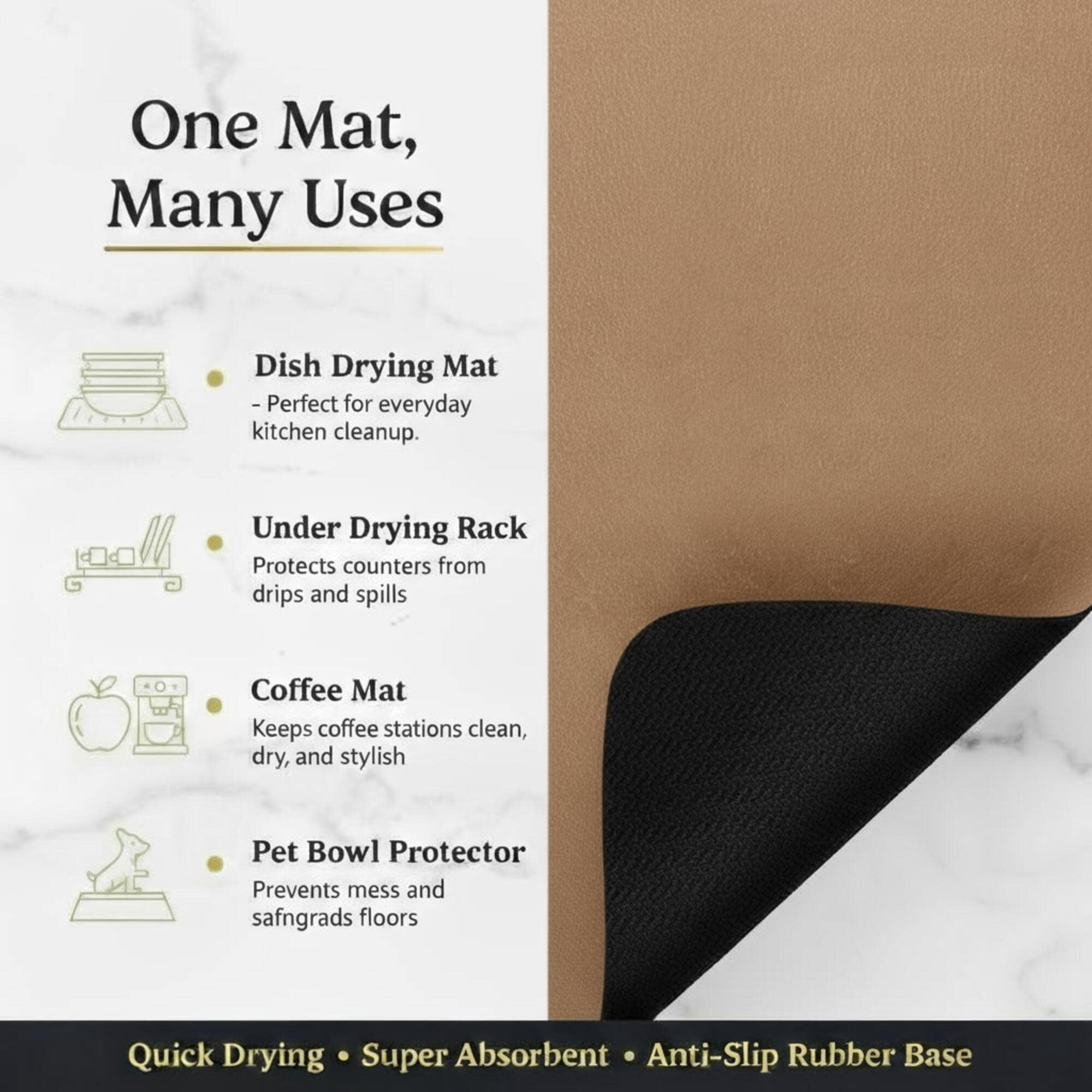 STRABELLA: Dish Drying Mat - 16x18", Brown - Super Water Absorbent, Quick Dry Foam, Multi-Purpose, Kitchen Countertops, Non-Slip, Machine Washable