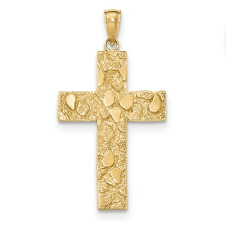 - 14k Yellow Gold Polished and Textured Nugget Block Style Cross Pendant