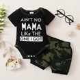 thumbnail image 2 of Kucnuzki Newborn Baby Boys Summer Outfits 6-12 Months Clothes Sets Short Sleeves Romper Letter Print Top Camouflage Shorts Sets 2pcs Black, 2 of 7