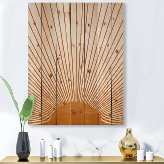 Designart 'Orange Sun Print On Beige III' Modern Print on Natural Pine Wood