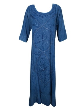 Mogul Womens Shift Tunic Maxi Dress Enzyme Wash Rayon Comfy Embroidered Free Spirit Sundress
