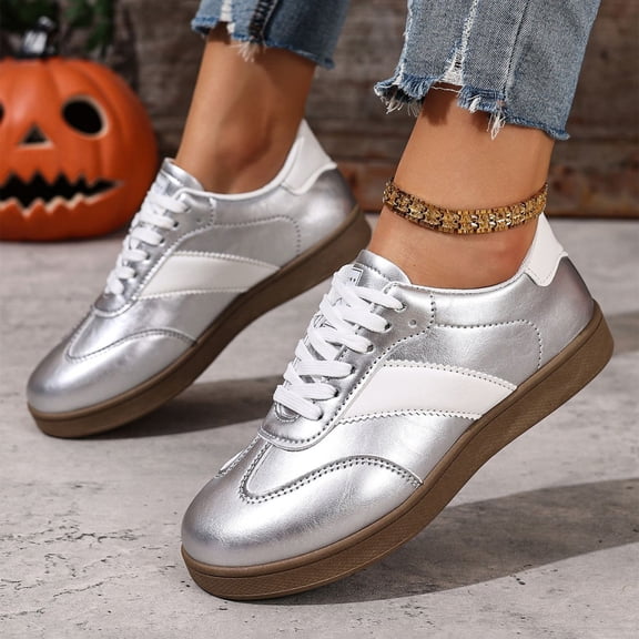 HTHLVMD Color Block Retro Sneakers, Women Lace-Up Casual Shoes, Women Classic Retro Gum Sole Fashion Sneakers Casual Tennis Skate Shoe Genuine Leather Walking Footwear Anti Slip Trainers, Silver 5.5