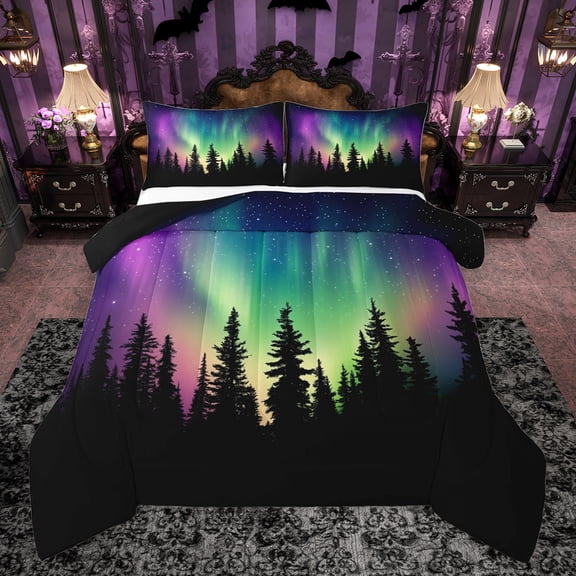 Homewish Aurora Borealis Bedding Comforter Set 2pcs for Boys Girls,Abstract Gradient Starry Sky Twin Comforter Sets Microfiber,Jungle Woodland Breathable Bedding Set,Ultra Soft Home Decor