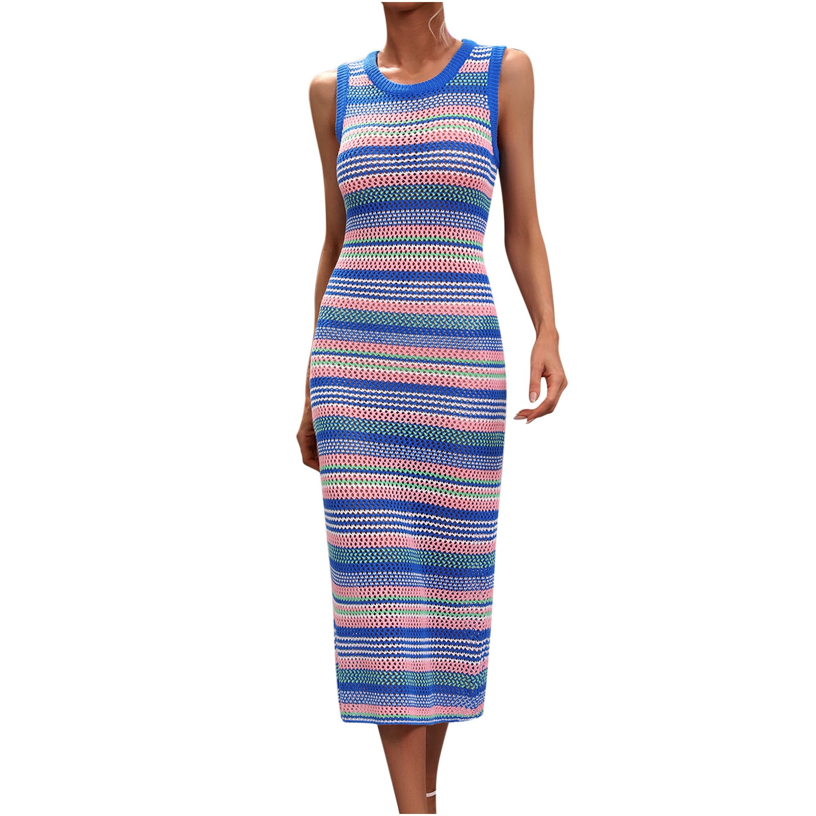 Crochet Dresses for Women Sexy Hollow Out Knitted Beach Bikini Cover Ups Sleeveless Crew Neck Trendy Stripe Printed Slim Fit Cover-Up Tank Midi Dress