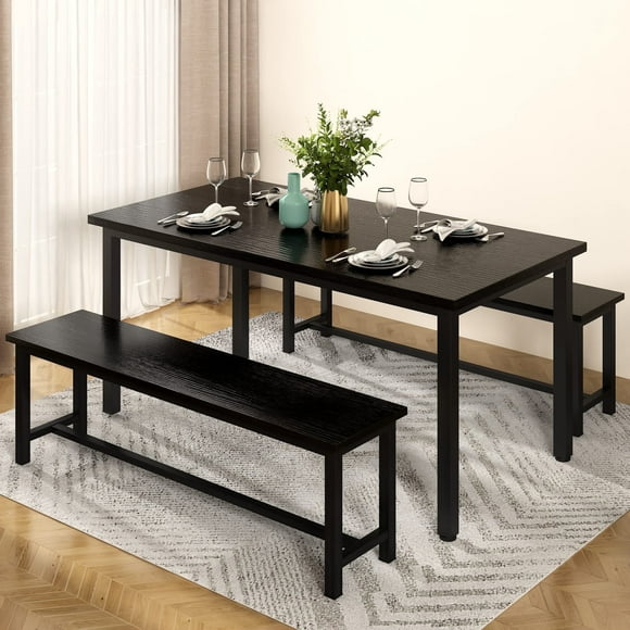 Kitchen Dining Table Set for 4, 47 Inch Farmhouse Dining Table with 2 Benches, Modern Minimalist Dining Room Dining Table Set for Apartment, Dining Room, Kitchen, Vintage Black