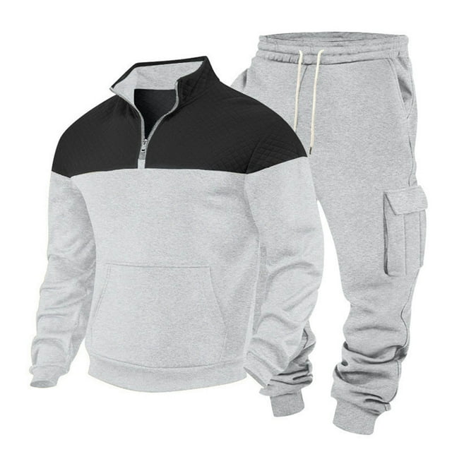 CAUYDY Men's Fleece Sweat Suits 2 Piece Set Warm Winter Outfits Quarter Zip and Cargo Sweatpants Tracksuit Jogging Suits(Light Gray,L)