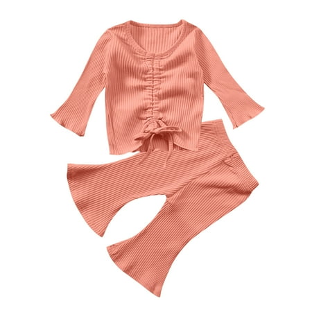 

QIPOPIQ Girls Clothes Clearance Newborn Baby Solid Knitted Drawstring Romper Tops+Pants Pajamas Sleepwear Sets