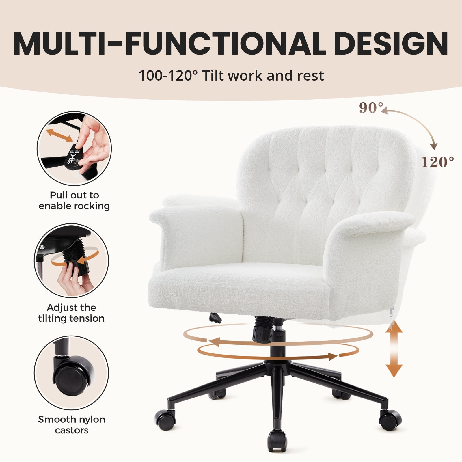 Home Office Desk Chair, Teddy Fabric Cozy Desk Chair with Wheels and Arms, Modern Upholstered High Back Wide Seat Vanity Chair for Bedroom Living Room Makeup