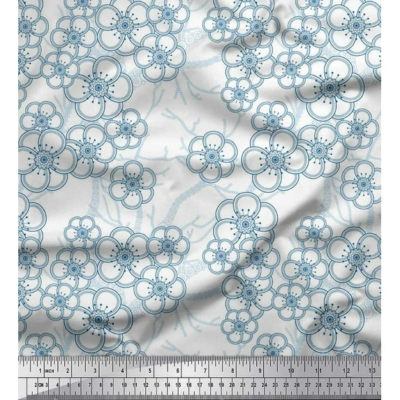 Soimoi Blue Silk Fabric Artistic Floral Printed Fabric 1 Yard 42 Inch Wide